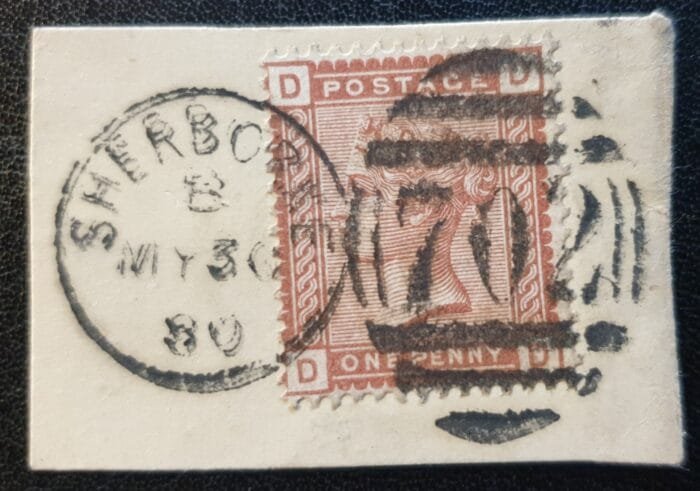 Great Britain Queen Victoria 1880 1d. Venetian red SG166 Letters D-D, CDS Sherborne 30/5/1880 used stamp on piece