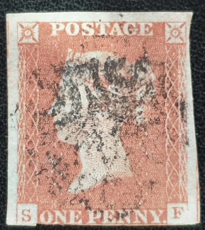 Great Britain Queen Victoria 1d. Red-Brown SG.8 ‘Black’ Maltese Cross S-F Plate 21 used stamp