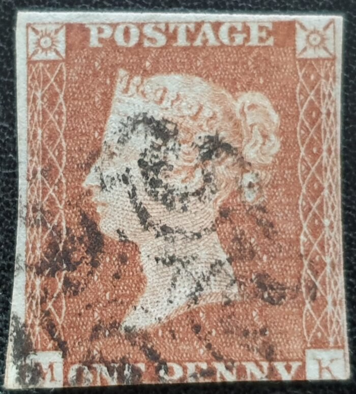 Great Britain Queen Victoria SG8 1d. red-brown Letters M-K, Black MX, used stamp