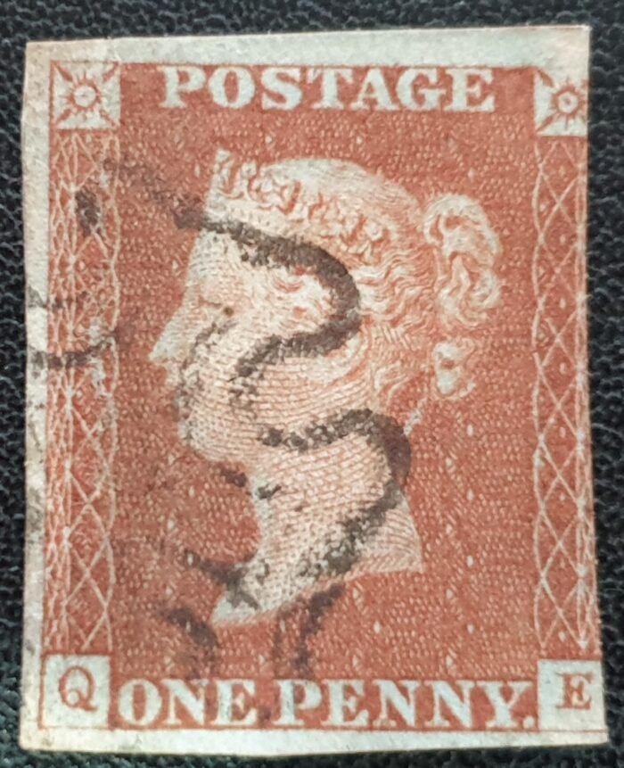 Great Britain Queen Victoria SG8 1d. red-brown ,Letters Q-E, Black MX, used stamp