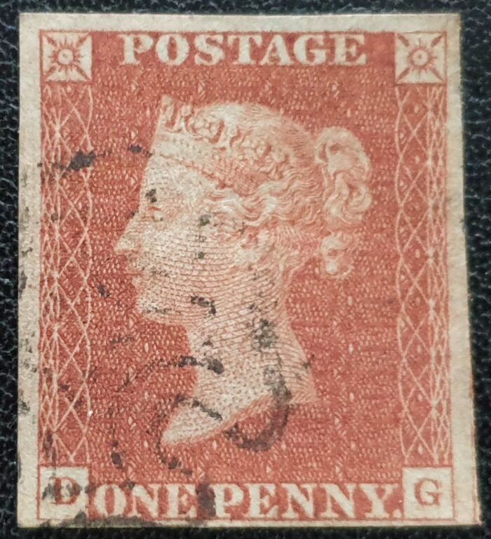 Great Britain Queen Victoria SG8 1d. red-brown Letters D-G, Black MX, 4 Margins used stamp