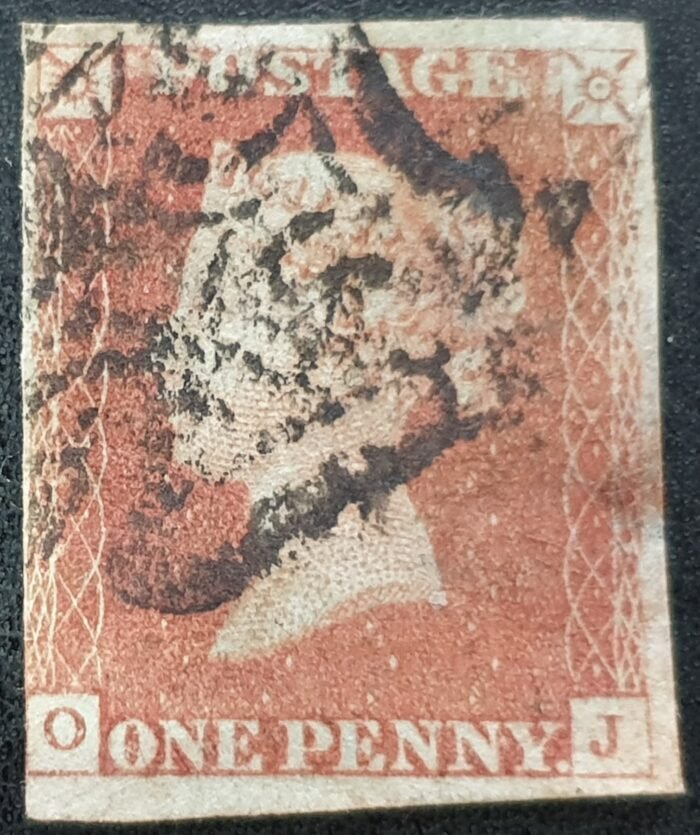 Great Britain Queen Victoria SG8 1d. red-brown Letters O-J, Black MX, used stamp