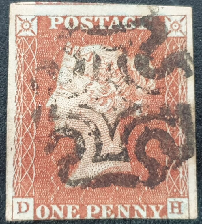 Great Britain Queen Victoria SG8 1d. red-brown Letters D-H, Black MX, used stamp