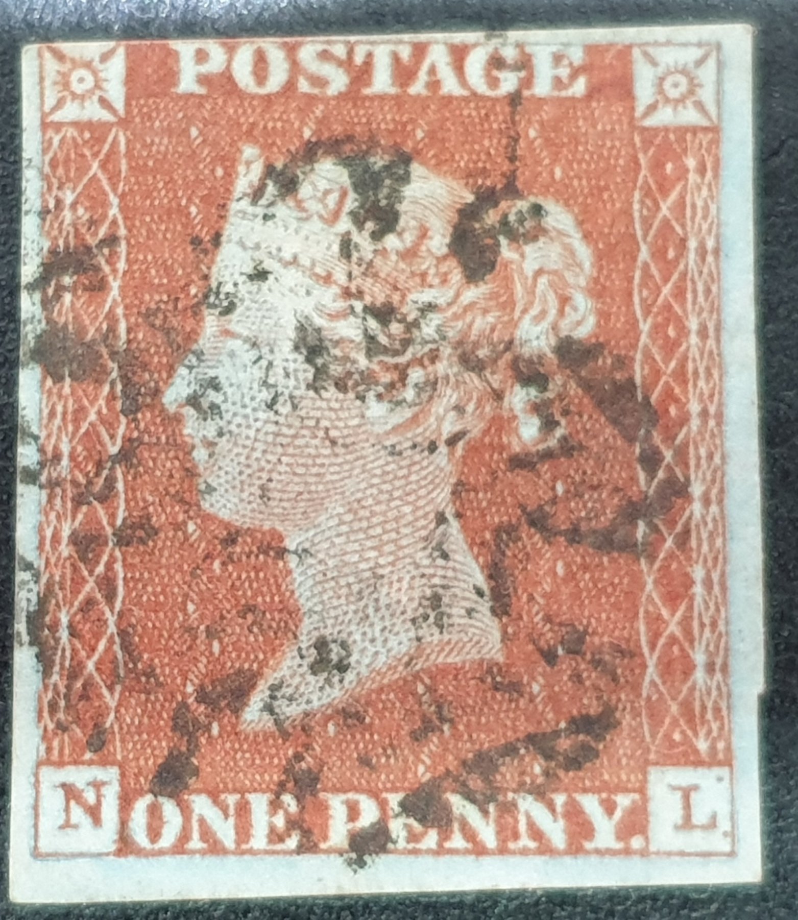 Great Britain Queen Victoria SG8a 1d. red on blue paper N L Black MX used single stamp