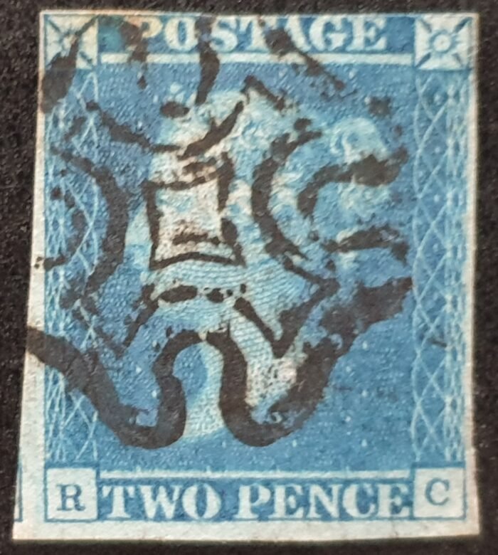 Great Britain Queen Victoria 2d. Blue SG14 Black Maltese Cross Letters R-C Used Stamp