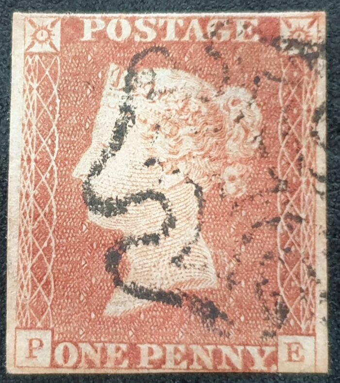 Great Britain Queen Victoria SG8 1d. red-brown Letters P-E Black MX  used stamp