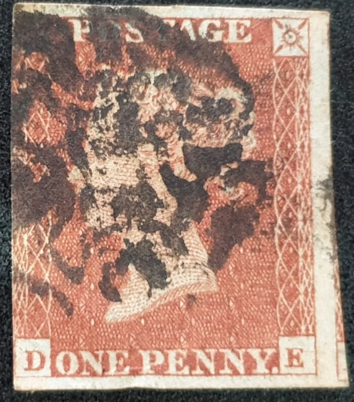 Great Britain Queen Victoria SG8 1d. red-brown Letters D-E Black MX used stamp