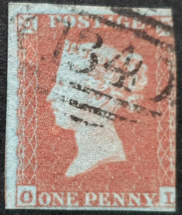 Great Britain Queen Victoria SG9 1d. pale red-brown Letters C-I used stamp on blued paper