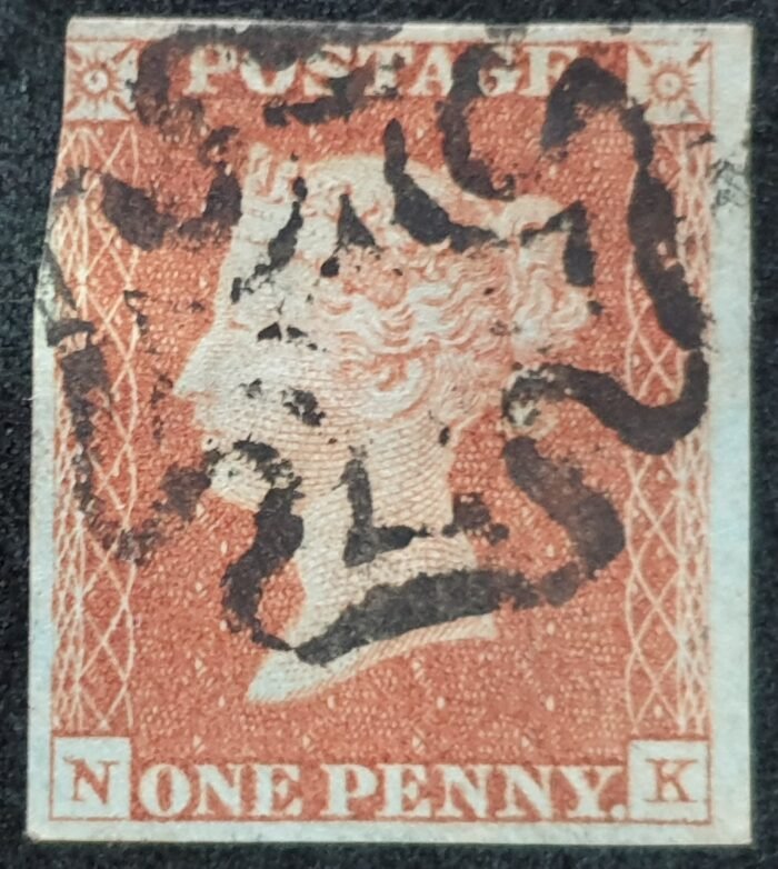 Great Britain Queen Victoria SG8 1d. red-brown Letters N-K Black MX used stamp