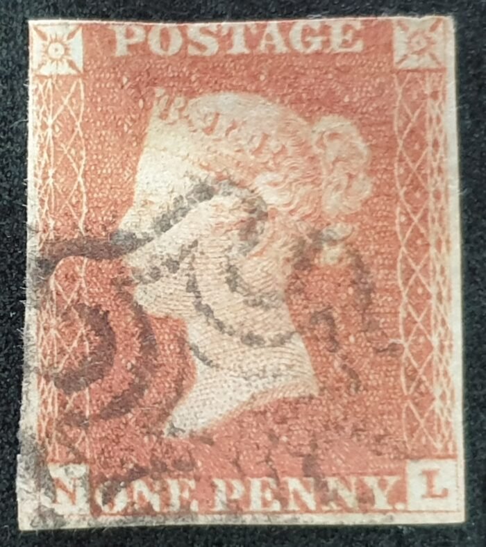 Great Britain Queen Victoria SG8 1d. red-brown Letters N-L Black MX used stamp