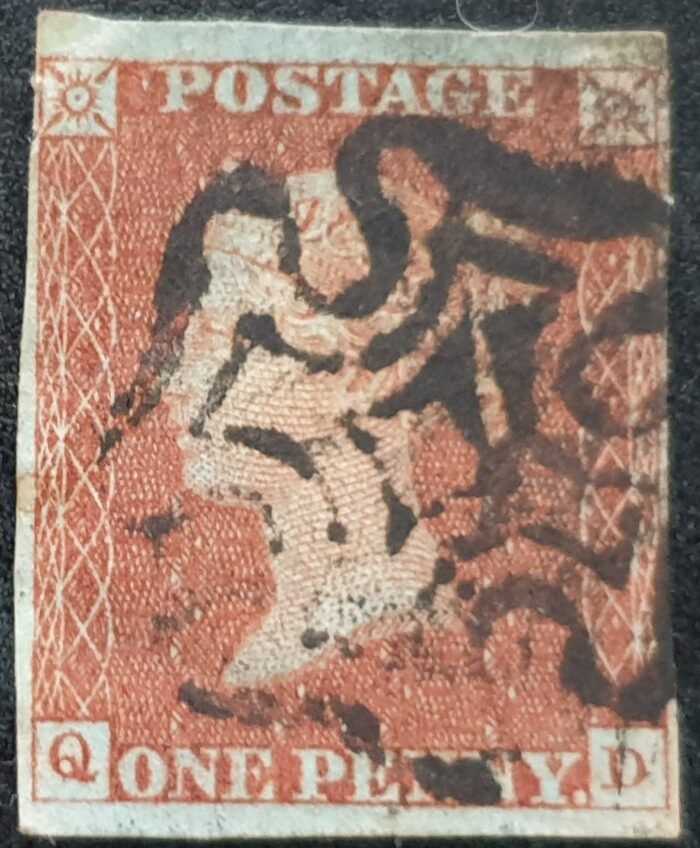 Great Britain Queen Victoria SG8 1d. red-brown Letters Q-D Black MX used stamp