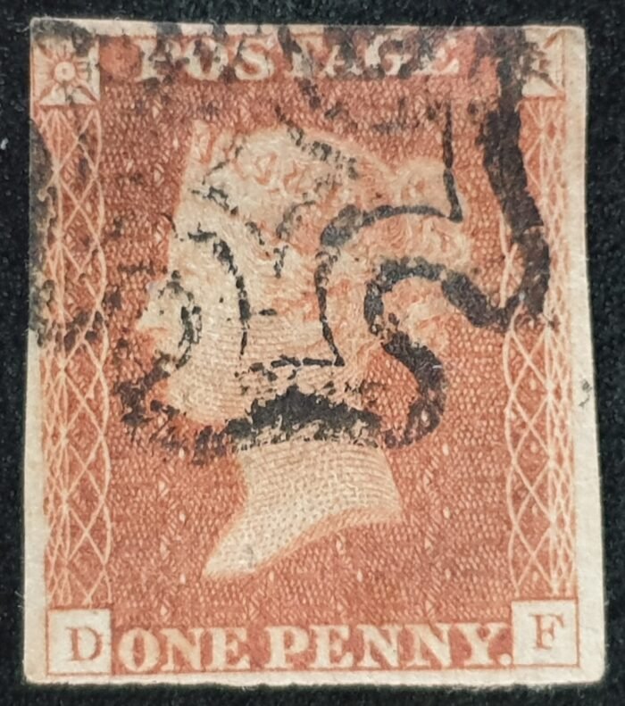 Great Britain Queen Victoria SG8 1d. red-brown Letters D-F Black MX used stamp