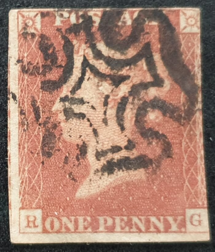 Great Britain Queen Victoria SG8 1d. red-brown Letters R-G Black MX used stamp