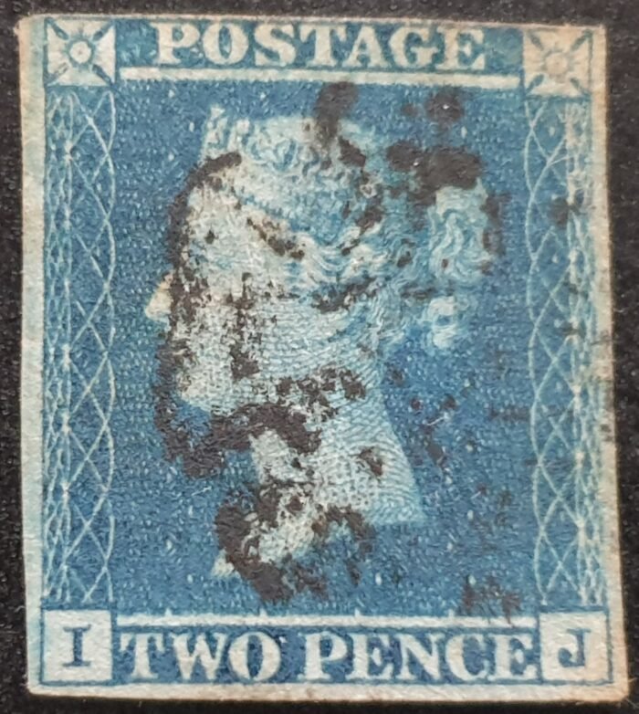 Great Britain Queen Victoria 2d. Blue SG14 Black Maltese Cross Letters I-J Used Stamp