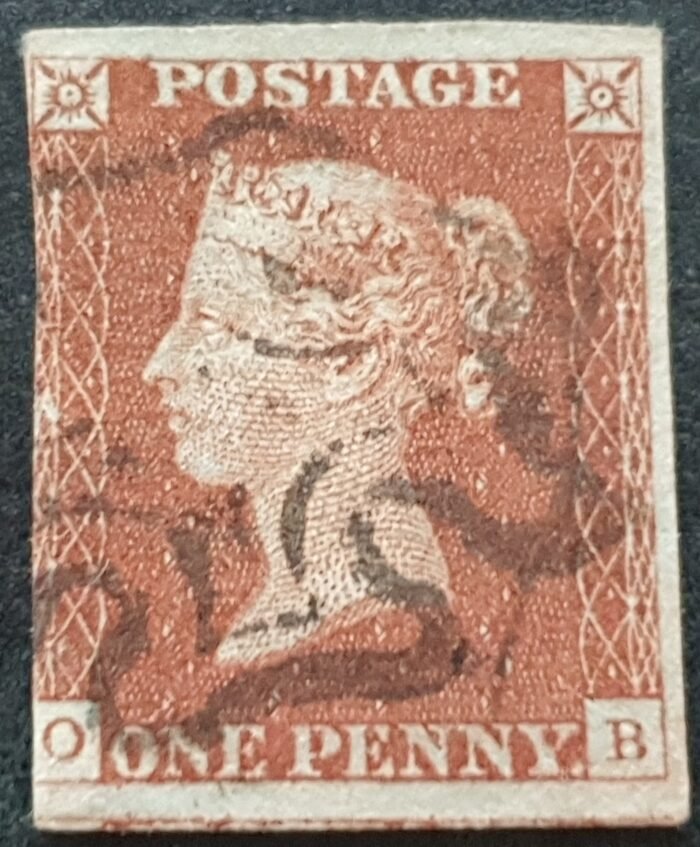 Great Britain Queen Victoria SG8 1d. red-brown Letters O-B Black MX Plate 28 used stamp