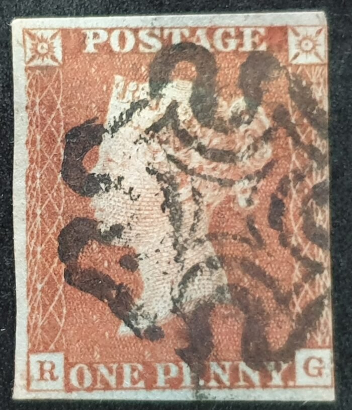 Great Britain Queen Victoria SG8 1d. red-brown Letters R-G Black MX Plate 17 used stamp