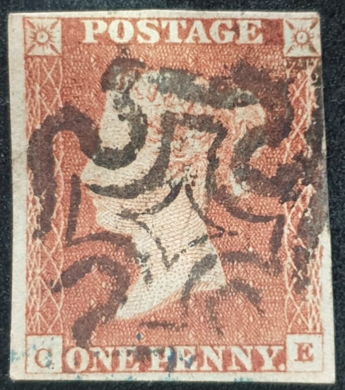 Great Britain Queen Victoria SG8 1d. red-brown Letters C-E Black MX used stamp