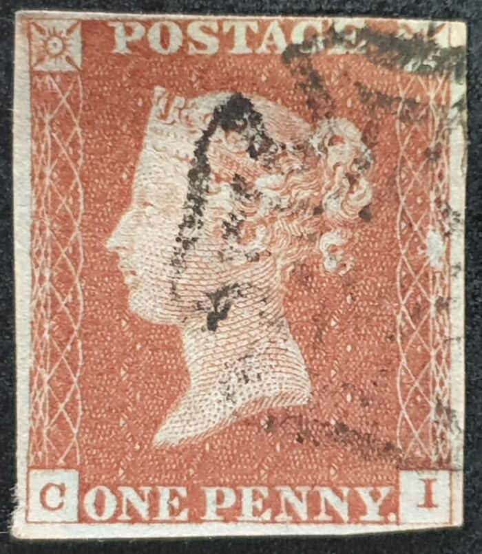 Great Britain Queen Victoria SG8 1d. red-brown Letters C-I Black MX Plate 38 Ivory Head used stamp