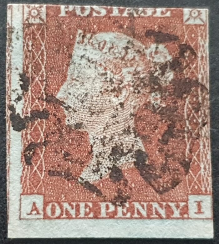 Great Britain Queen Victoria SG8 1d. red-brown Letters A-I Black MX Plate 36 used stamp