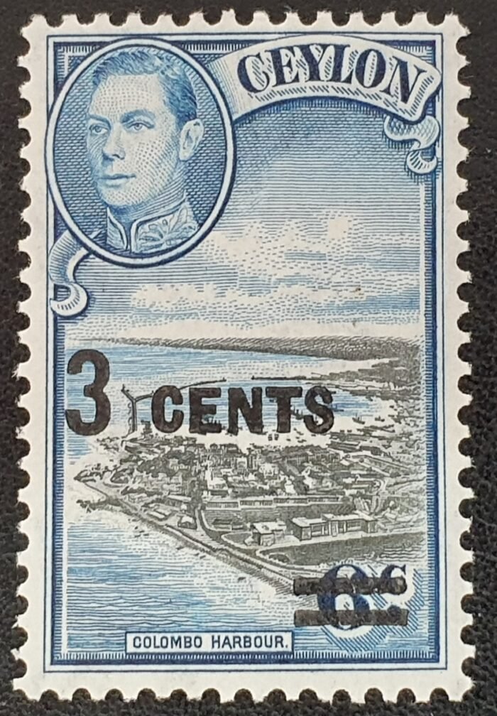 Ceylon 1941 SG398 3c. on 6c. black and blue LMM Single Stamp