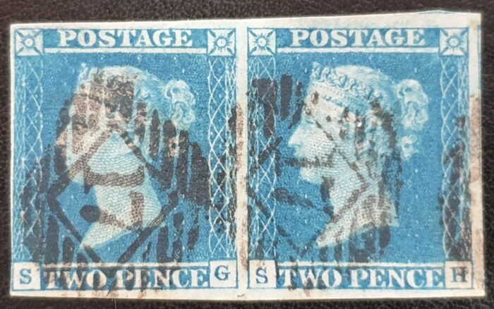 Great Britain Queen Victoria  SG14 2d blue Letters SG-SH Pair Used Stamps