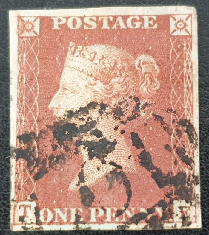 Great Britain Queen Victoria SG8 1d red-brown Letters TE 4 margins used stamp