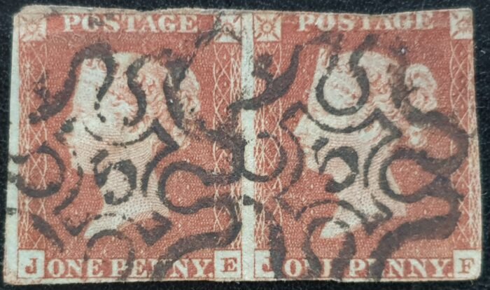 Great Britain Queen Victoria 1841 SG8 1d red Black MX No.5 Pair (JE-JF) used stamps