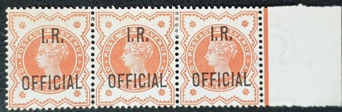 Great Britain Queen Victoria SG O13 ½d Vermilion 'I.R. Official' Strip of 3 Mounted Mint