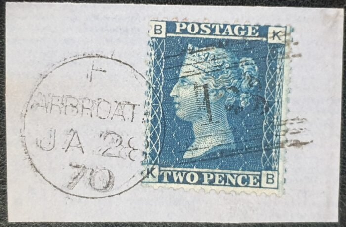 Great Britain Queen Victoria SG45 2d blue K-B Plate 12 on piece 28/1/70 ARBROATH