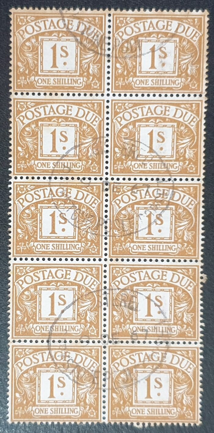 Great Britain Postage Due SG D74 1s ochre Block of 10 used