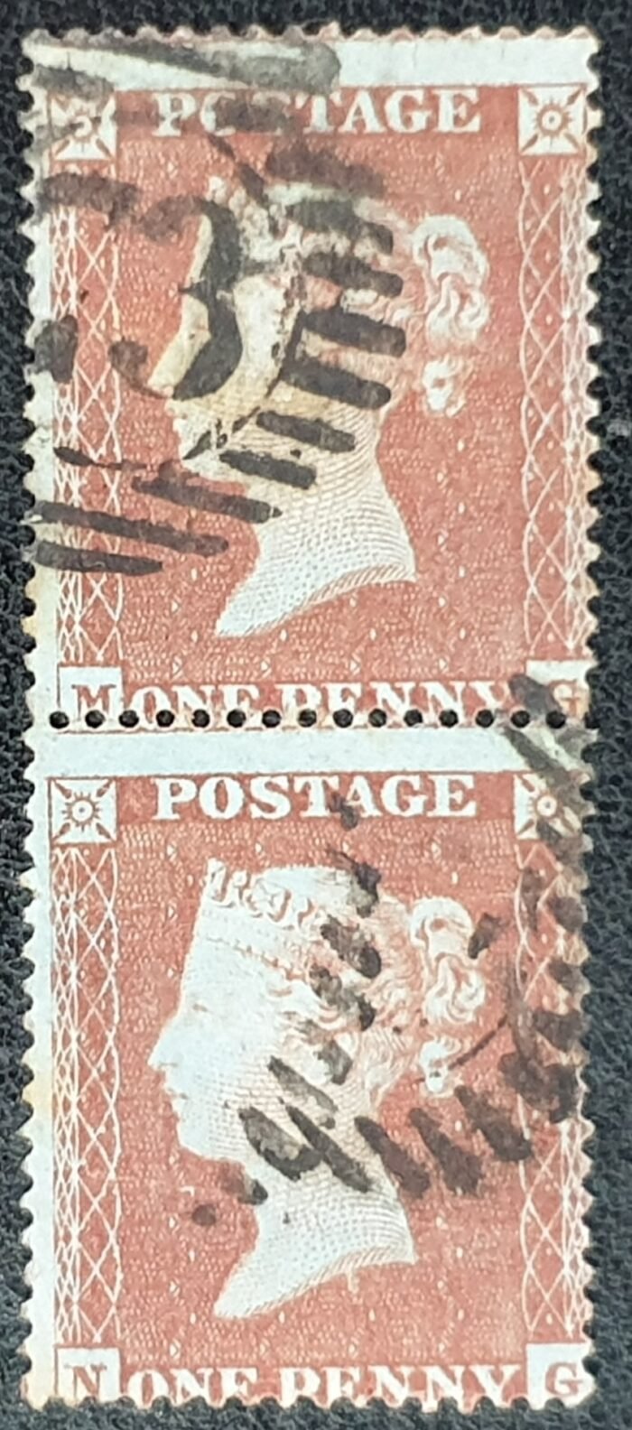 Great Britain Queen Victoria SG17 C1 1d red Plate 166 (MG-NG) VERTICAL PAIR Used