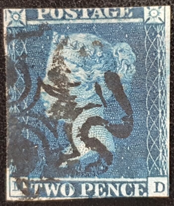 Great Britain Queen Victoria SG14 2d. blue Letters MD Black MX Plate 3 Re entry used