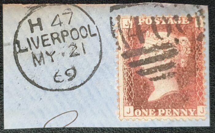 Great Britain Queen Victoria 1864 SG43 1d red brown JJ Plate 105 21/5/1869 Liverpool used on piece