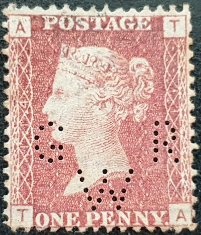 Great Britain Queen Victoria SG43 1d red Plate 114 TA Perfin GWR lightly used stamp