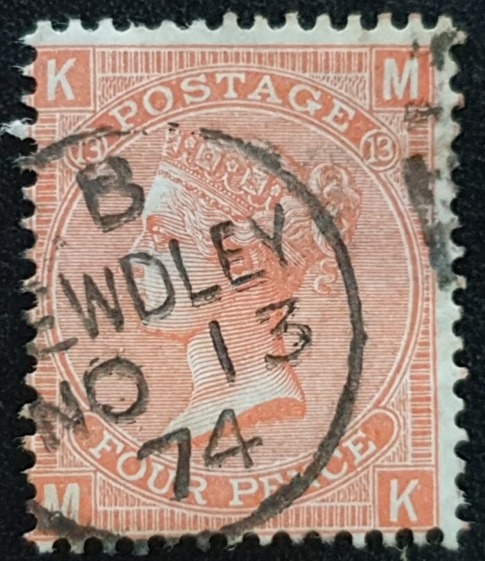 Great Britain Queen Victoria 1865 SG94 4d vermilion Plate 13 MK used