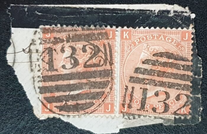 Great Britain Queen Victoria 1865 SG94 4d vermilion Plate 14 JJ-JK used pair on piece