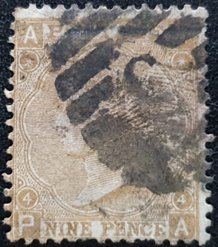 Great Britain Queen Victoria  1865 SG98 9d Straw PA Plate 4 Cat £600. used