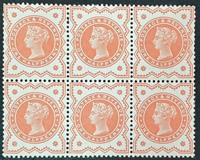 Great Britain Queen Victoria 1887 “Jubilee” SG197 ½d venetian Block of 6 LMM