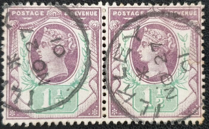 Great Britain Queen Victoria SG198 1½d deep purple & pale green Pair CDS ILKLEY